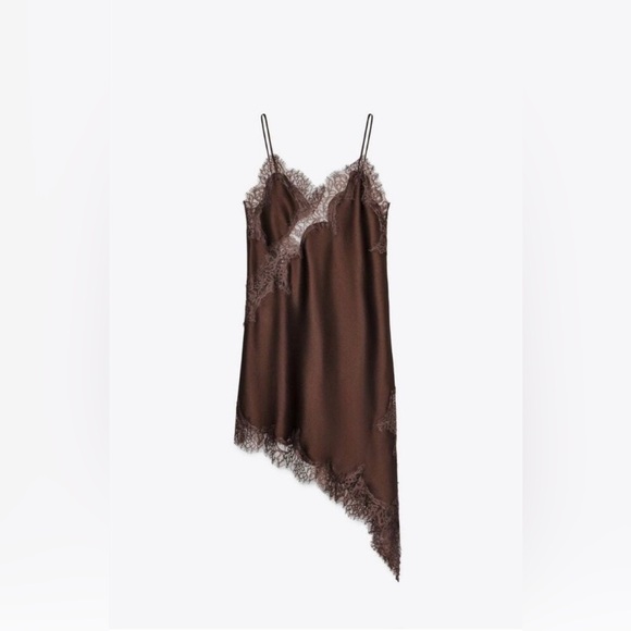 Zara ZW Collection Asymmetric Lace Dress In Brown XS - Picture 3 of 4